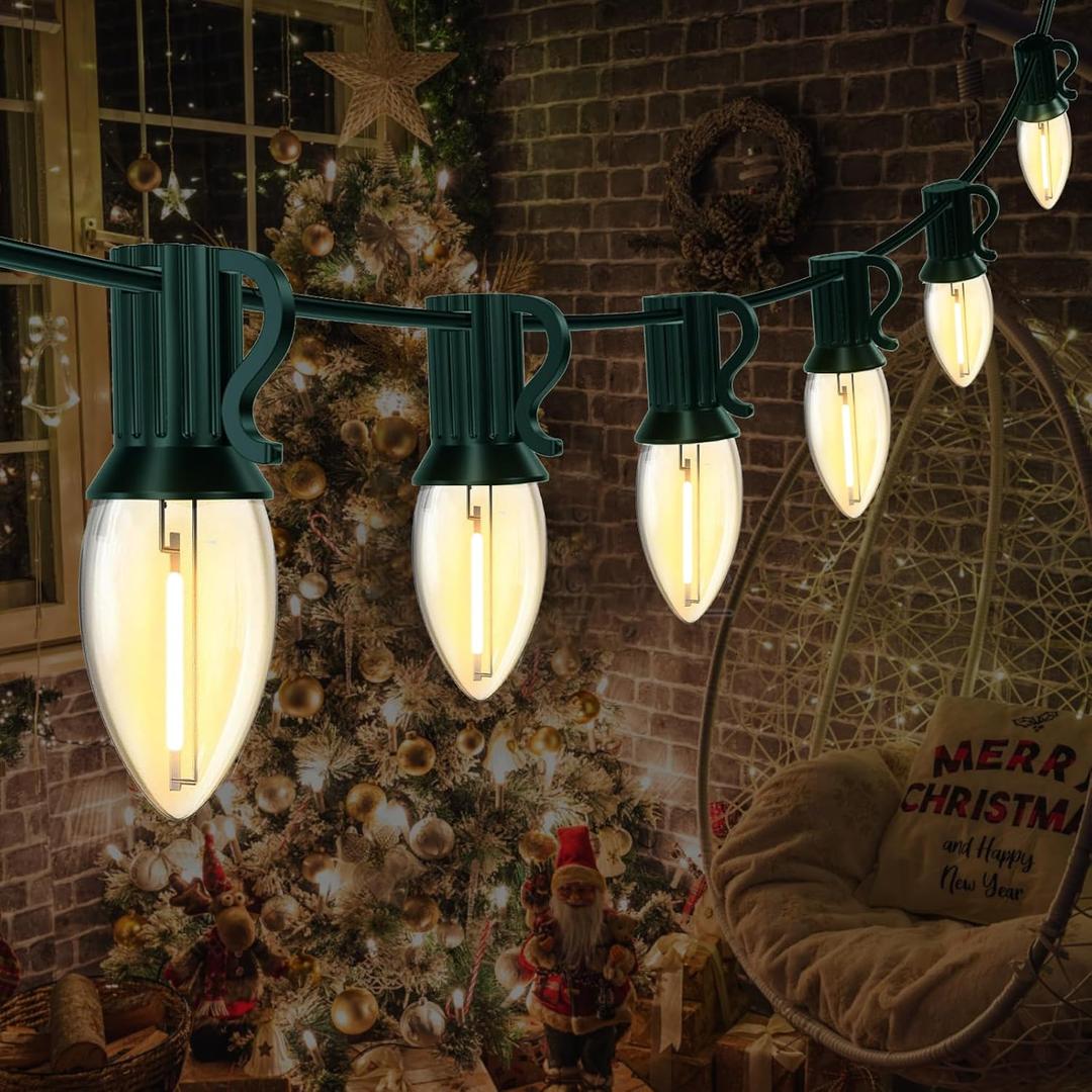 12FT C7 LED Christmas Lights Outdoor Indoor, Plug in Warm White String Lights for Porch, Railing, Staircase, Patio Decor, Green Wire (Clear)