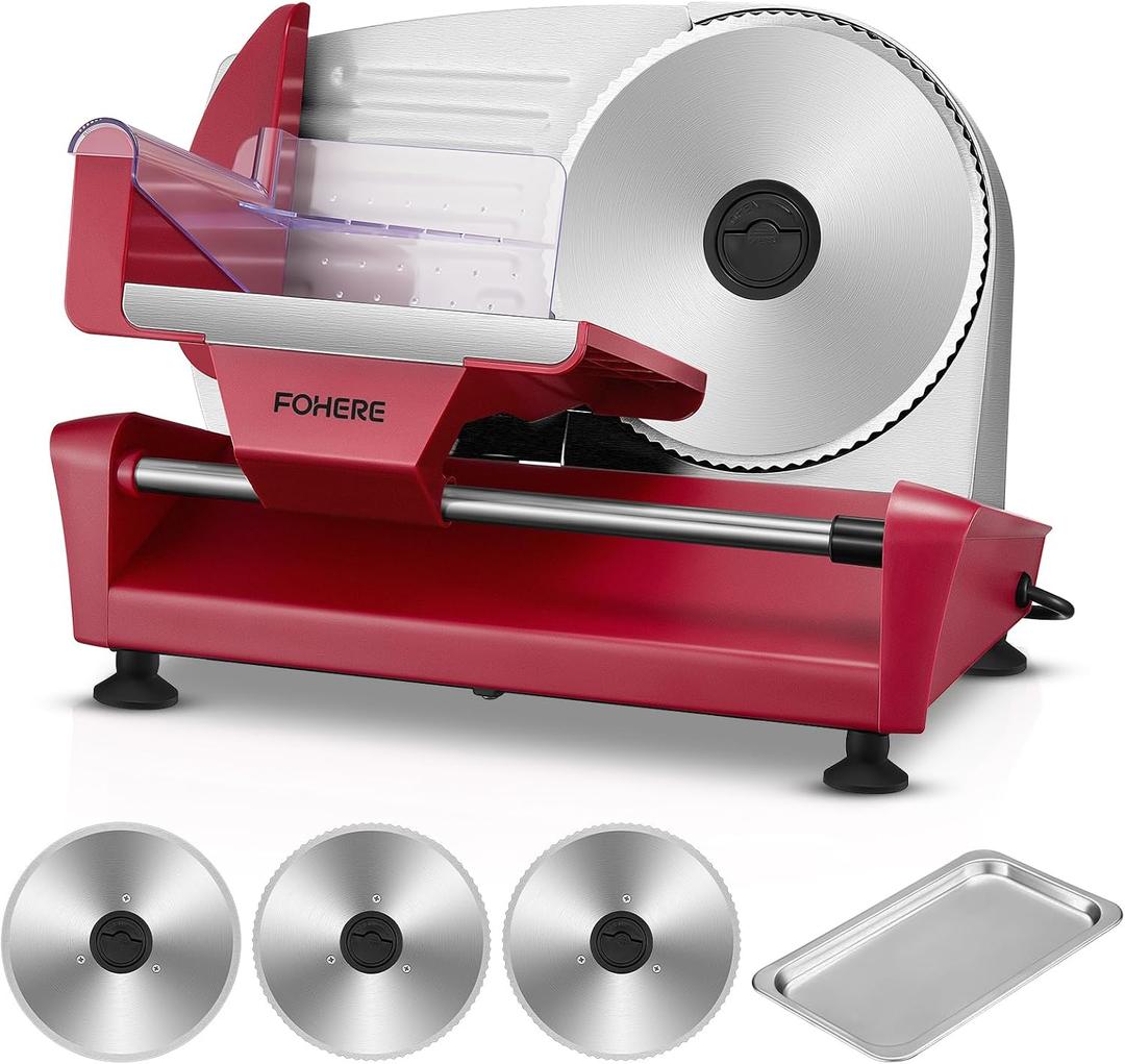 FOHERE 250W Electric Meat Slicer Machine for Home | Three 7.5" Stainless Steel Blades with Tray,0-15mm Precise Thickness Deli Cutter, Ideal Bread, Fruit or Cheese,Red