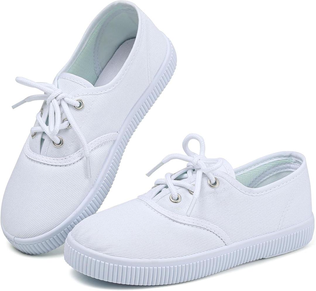 Boy's Girl's Kids White Canvas Shoes for Kids Slip-On Lightweight Sneakers Casual Skin-Friendly Lace-Up Walking Running Shoes, Big Kids 4