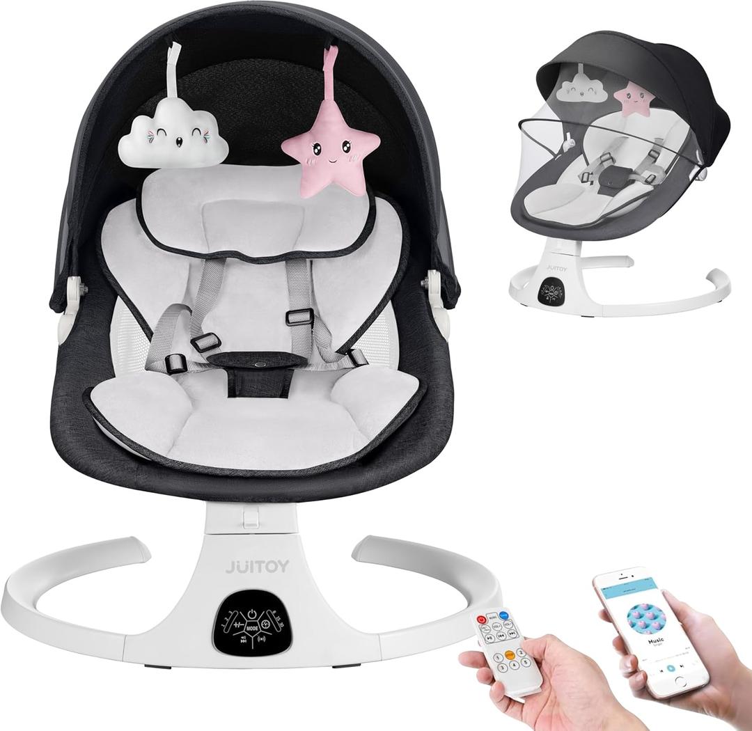 Baby Swing for Infants to Toddler Electric Newborn Swing with 5-Speed 3-Seat Positions 5-Point Carabiner,with Bluetooth Music 10-Preset Melodies, Indoor and Outdoor use (Black)