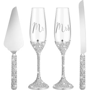 Sratte 4 Pcs Wedding Cake Knife and Champagne Flutes Server Set, Toasting Crystal Rhinestone Champagne Flutes Glasses Cake Knife Pie Server Wedding Gifts for Couple Bride Groom(Silver)