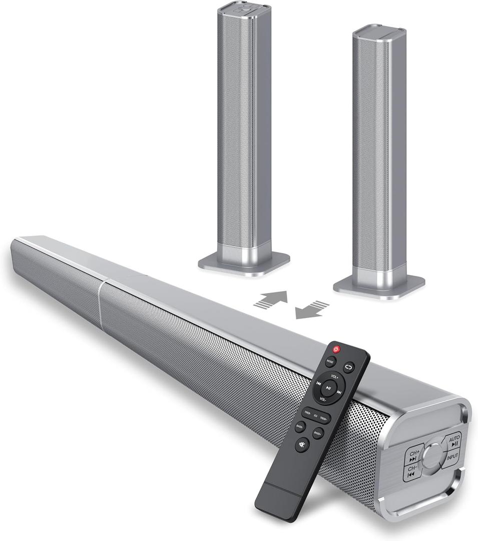 Sound Bar, 80W Sound Bar for Smart TV, Bluetooth 5.3 Soundbar, 2 in 1 Detachable Home Speaker Bass Effect, Home Theater Surround Sound, ARC/Optical/AUX/Connections, for TV/PC/Gaming/Projectors, Sliver