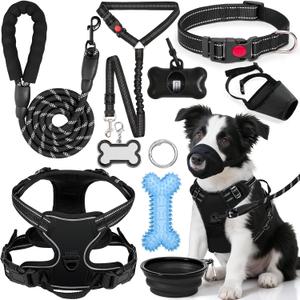 No Pull Dog Harness Adjustable Collar & Leash Set - Dog Halter Harnesses Collapsible Bowls & Poop Bag Dispenser Muzzle ID Tags Toys Fits Dogs (Black-M)