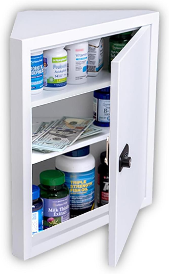 Wall Mount Medicine Cabinet,Locking Corner Cabinet with Code & Key Locks,First Aid Cabinet/Corner Storage CabinetAdjustable1/2/3 Shelves,Wall Mount Cash Box for Bathroom/Office/School/Home