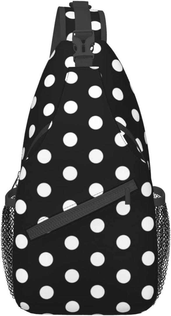 Custom Printed Sling Bag for Women Men Crossbody Shoulder Backpack Chest Bags Gym Travel Hiking Casual Daypack (One Size, Black and White Polka Dots)