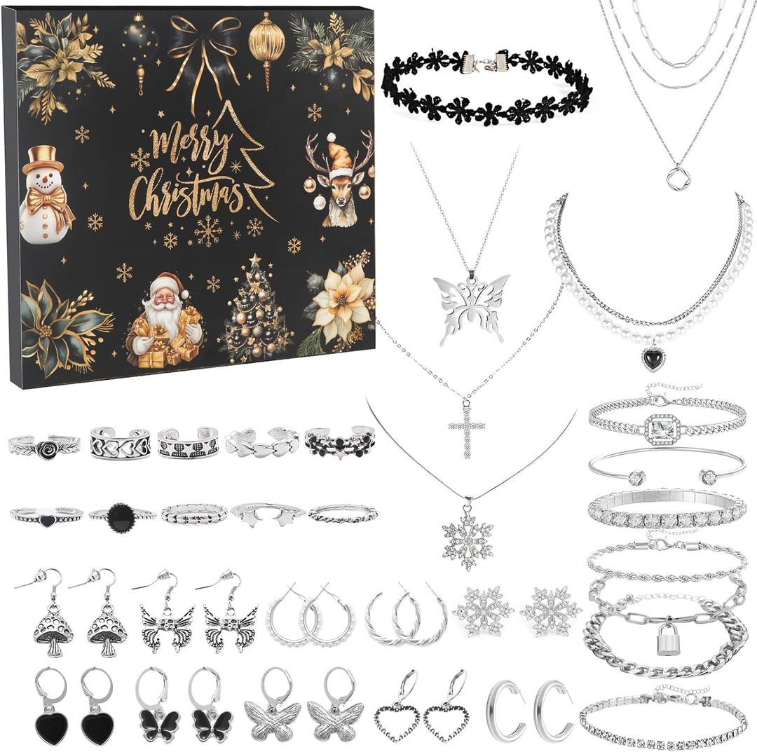 Jewelry Advent Calendar 2025 for Women - 24 Days Advent Calendar 2025 Adult Women,Christmas Surprise Gifts Set with Earrings, Necklace, Bracelet and Ring,DIY Holiday Gifts for Adult Women-33pcs