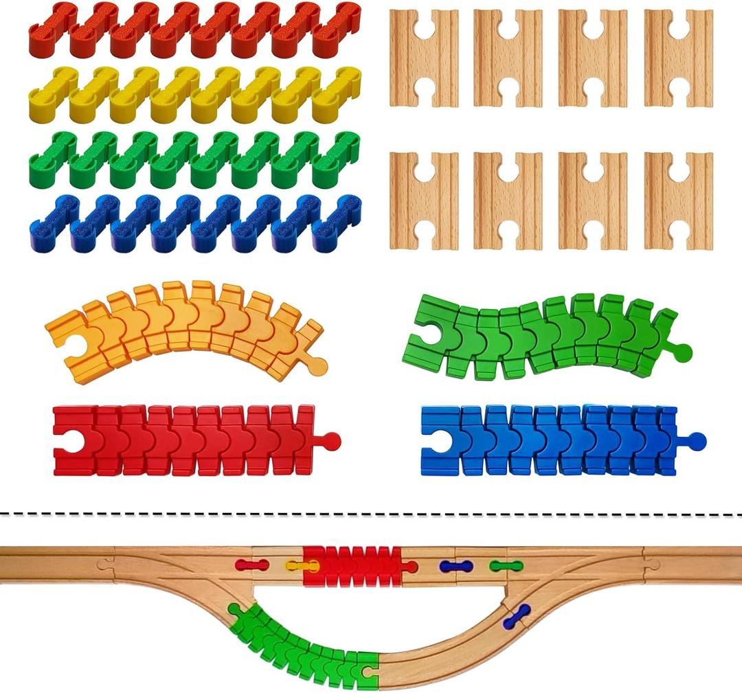 Wooden Train Track Accessories, 44 pcs Wooden Track Connector, Compatible with All Major Brands Train Track, Christmas Birthday Gift for Boys Girls, Train Toys Expansion Pack for Kids Ages 3+