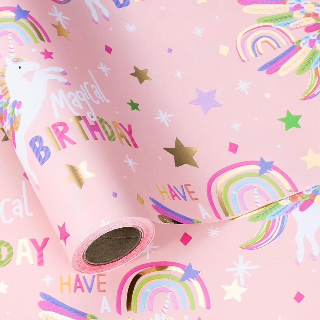 2 x LeZakaa Pink Unicorn Birthday Wrapping Paper Roll for Girls Women, Have a Magical Birthday & Rainbow, Stars, Gold Foil Design for Baby Girl, Baby Shower, Mini Roll, 17 inches x 16.4 Feet