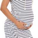 Women's Maternity Hoodie Dress Short Sleeve Split Side Ruched Pregnancy Clothes, White Navy Stripe, 2XL