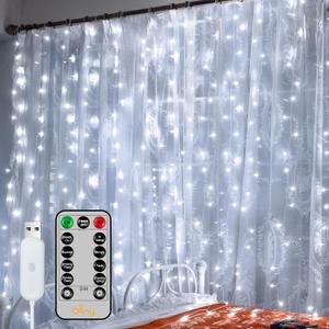 Ollny Curtain Lights 6.6x6.6ft, 200 LED White Christmas Lights with Remote 8 Modes Dimmable Timer, USB Power String Light for Bedroom Backdrop Indoor Window Wedding Decorations