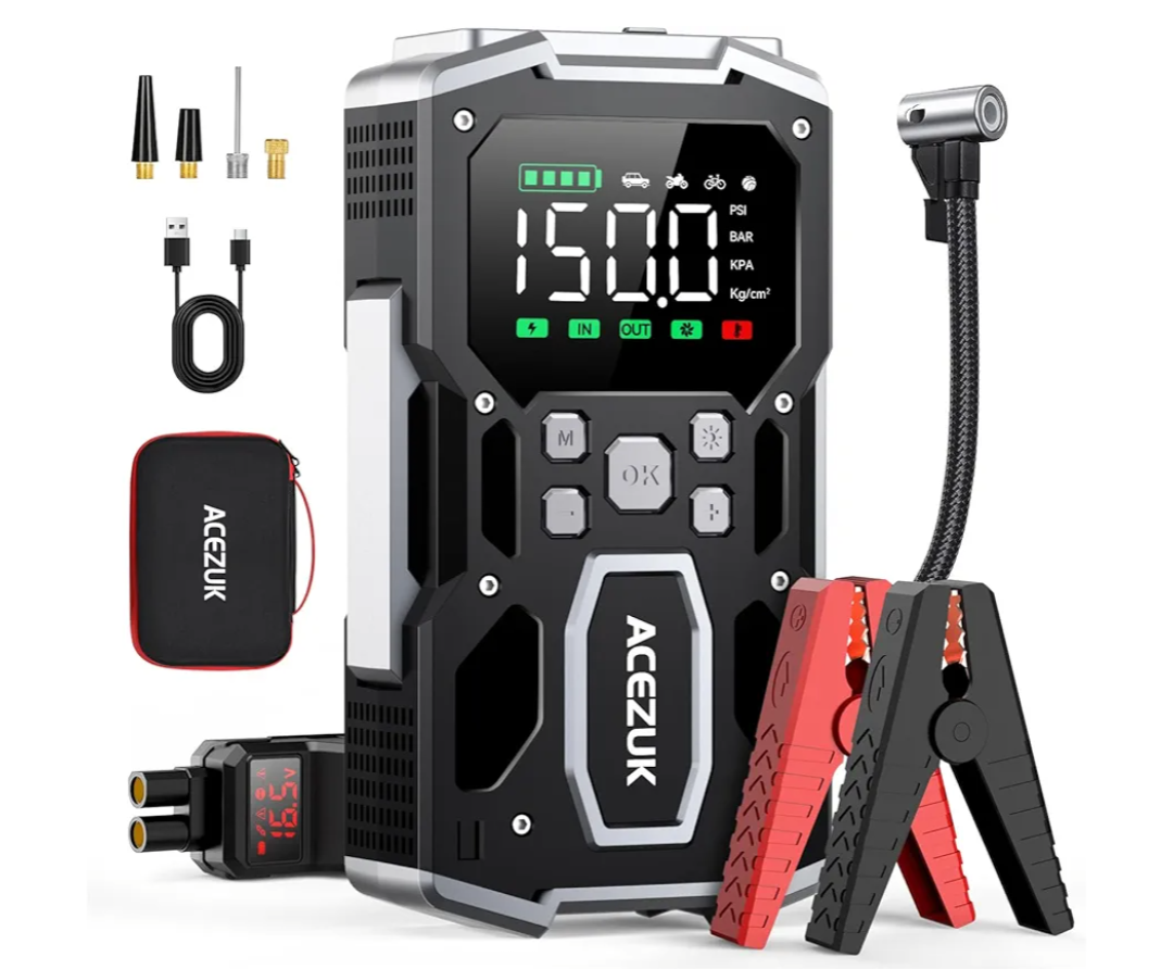 Portable Car Jump Starter with Air Compressor, ACEZUK 150PSI 7000A Jump Starter (All Gas/10.0L Diesel), 12V Battery Jump Box Car Battery Jumper Starter with 3.4" LCD Display, 2 Lights