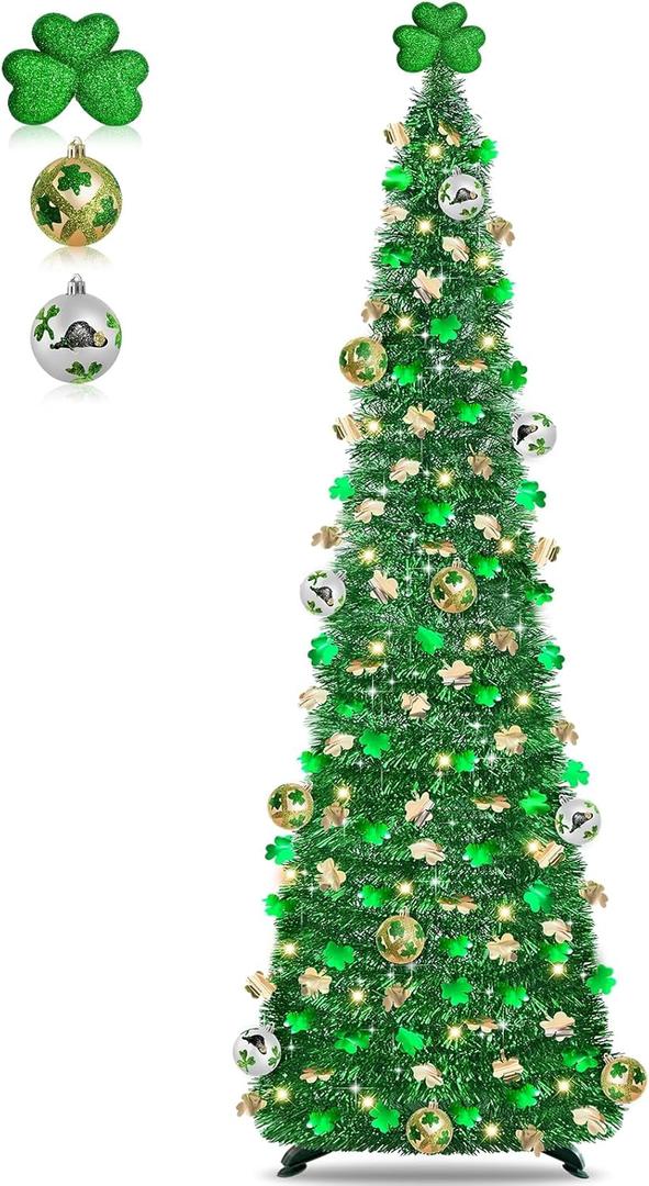 Timer & Shamrock - St Patricks Day Decorations, 5Ft Lighted St Patricks Day Tree with 50 LED Warm Lights 12 Balls Ornaments Battery Operated Pop Up Tinsel Collapsible Tree for Home Porch Office Party