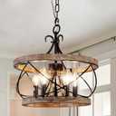 5-Light Farmhouse Wood Chandelier Light Fixture, 15.7" French Country Rustic Industrial Drum Hanging Pendant Lighting Over Table for Kitchen Island Dining Room Entryway (Brown)