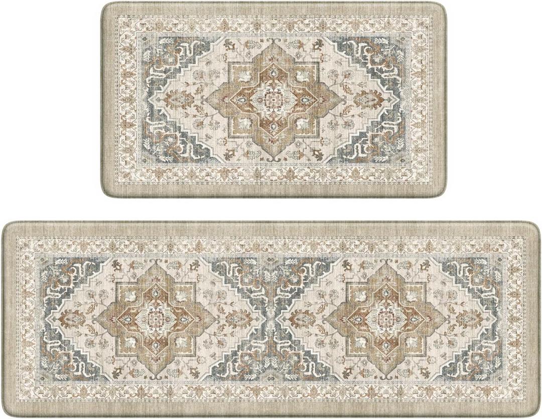 Kitchen Mats Cushioned Anti Fatigue Mats for Kitchen Floor, Non-Skid Waterproof Kitchen Rugs Padded Comfort Standing Desk Mat for Home Office Laundry Sink(Tan & Grey) (17.3" x 47 "+ 17.3" x 29 "--0.47 inches)