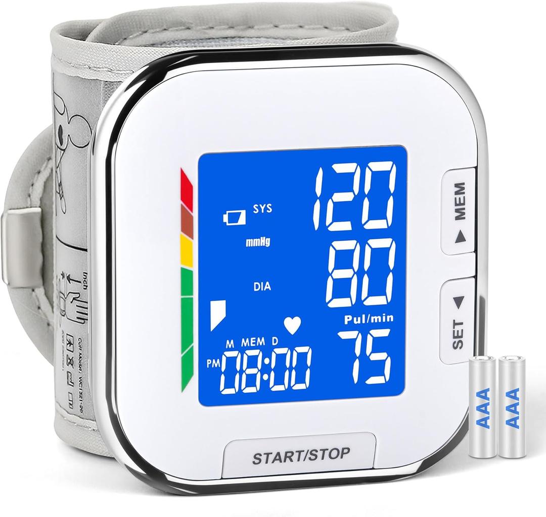 Blood Pressure Monitor Adjustable Wrist Cuff LCD Backlit Display BP Machine for Home Use Stores Up to 60 Readings Batteries Included with Carrying Case