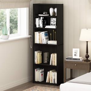Furinno Jaya Book Shelf, 5-Tier Bookshelf, Tall Standing Bookcase with Adjustable Shelves, 9.5 x 24.5 x 71.2, for Living Room, Bedroom, Home Office, Black Espresso