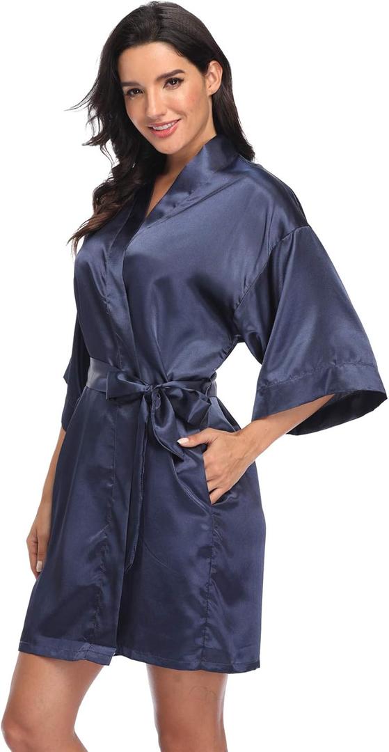 Women's Pure Short Silky Robes Bridesmaid Bride Party Satin Robes Sleepwear (XX-Large, Navy)