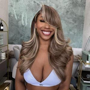 22inch Ombre Milk Tea Ash Blonde With Brown Highlights Pre Plucked 13x6 HD Lace Front Body Wave Human Hair Wig 200% Density Ombre Chocolate Roots For Women Daily Wear