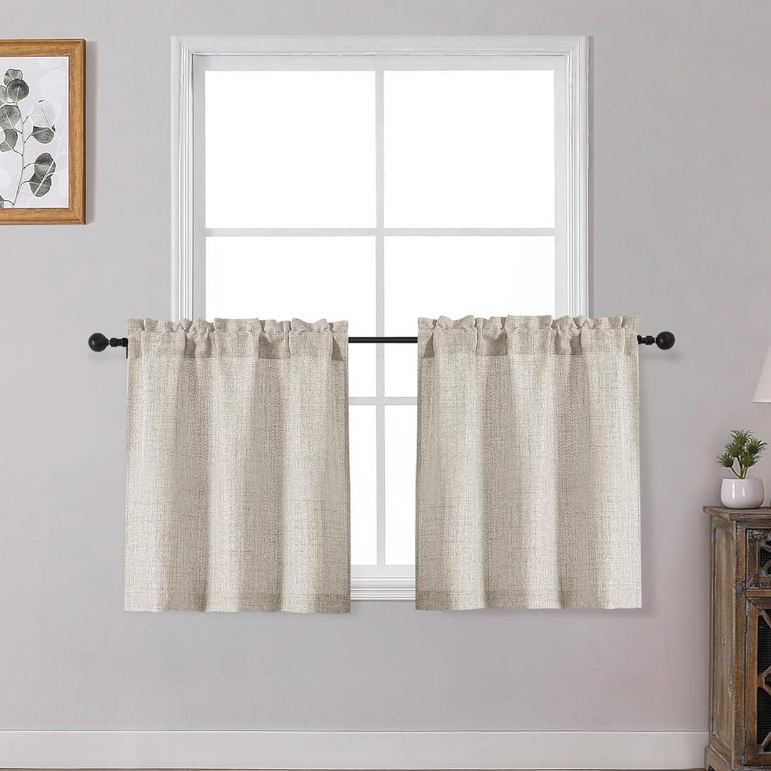 OWENIE Linen Kitchen Curtains Over Sink 24 Inch Length 2 Panels Set, Light Filtering Textured Short Cafe Curtains for Bathroom Windows, Small Curtain for Cabinet Basement RV Camper, 30" W by 24" L