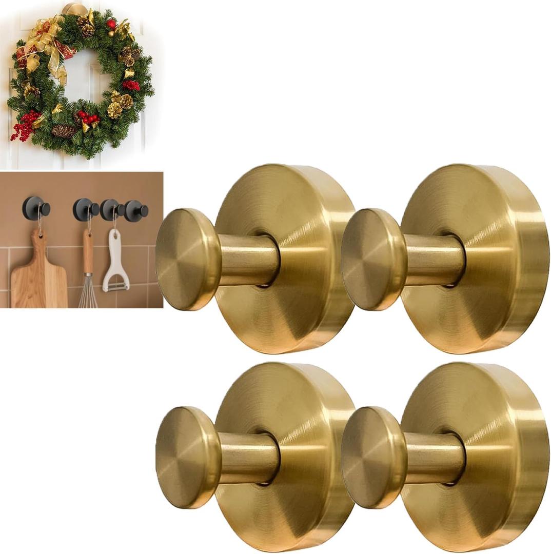 4Pcs New Model No-Drill Suction Cup Hooks for Door Wreaths, Wreath Hangers for Front Door, Suction Cup Hooks for Shower, Removable, Waterproof & Rustproof (Gold)