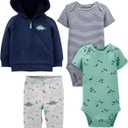 Simple Joys by Carter's baby-boys 4-piece Jacket, Pant, and Bodysuit Set (Dark Blue/Green/Grey Dinosaur/Navy Stripe) Size: 18 Months