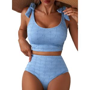 Herseas Womens High Waisted Bikini Set Seashell Textured Tie Shoulder Swim Suits Full Coverage Removable Pads 2 Piece Bathing Suit Cute Beach Vacation Essentials for Teens Sky Blue X-Large (Blue, XL)