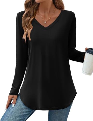 Zeagoo Womens Long Sleeve T Shirts Black Shirt Casual Dressy Blouse V Neck T Shirts Work Tunic Tops, L