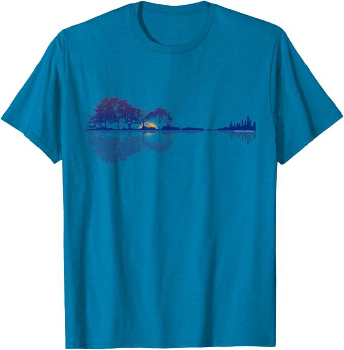 Guitar Lake Reflections in Blue Music Lovers Guitar T-Shirt, L