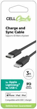 CellCandy Fast Charge And Sync Cable 3 Ft For Apple Lightning to USB C