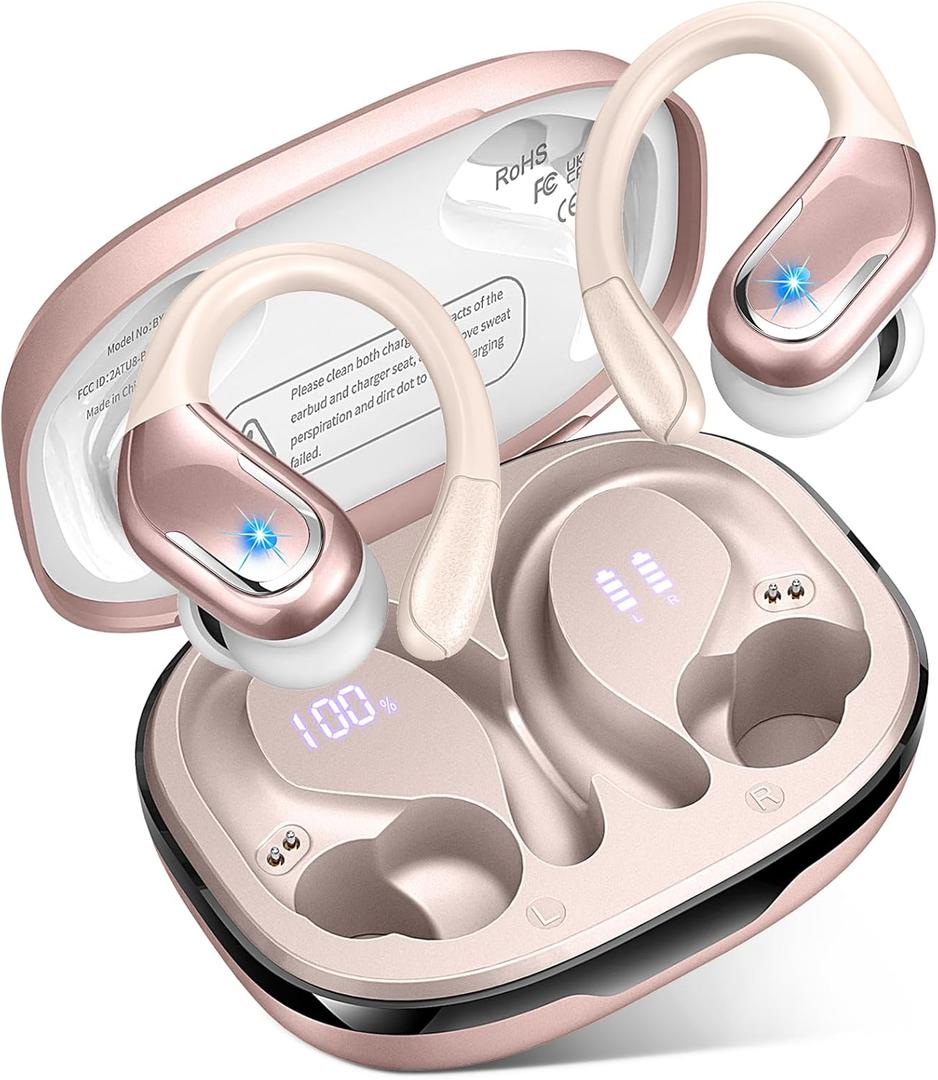 Wireless Earbud, 75H Bluetooth 5.4 Headphones Sport IP7 Waterproof, Running Wireless Earphones with ENC Noise Canceling Mic, 3D Bass Over Ear bud with Earhooks for Android, iOS, Workout, Gym, Rosegold