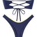 seamoly Sexy Blue Gingham Bow Decor Ruched Backless Lace Up Bandeau Bikini Set Strapless Swimsuits for Women (Blue, L)