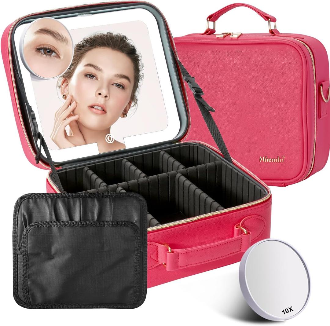 Mocado Travel Makeup Bag with LED Lighted Mirror,Travel Makeup Organizer,Makeup Case with 3 Color Lighted Setting and 10x Magnifying Mirror,Portable Storage and Adjustable Dividers Makeup Box