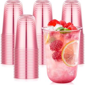 KesaPlan 50 Pcs Pink Plastic Cups, 16oz Disposable Stemless Glasses Pink Clear Drinking Cup for Party Plastic Disposable Cup for Cocktail Party Wedding Birthday Valentine's Galentine's Day