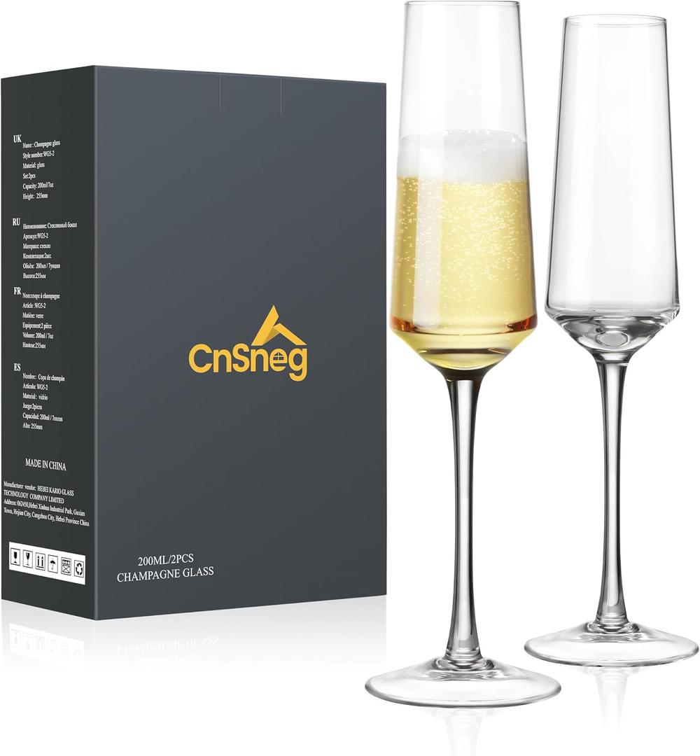 Champagne Flutes Glass Set of 2, Crystal Champagne Glasses 7OZ