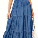 Simplee Womens Summer Denim Dress Casual Short Sleeve V Neck Empire Waist Boho Flowy Western Jean Maxi Dresses with Pockets (S)