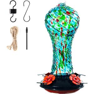 Muse Garden Gifts for Women Hummingbird Feeder Glass, 20oz Hummingbird Feeders for Outdoors Hanging Ant and Bee Proof, Mom Grandma Birthday Christmas Unique Gifts, Hand Blown Garden Decor, Blue Green