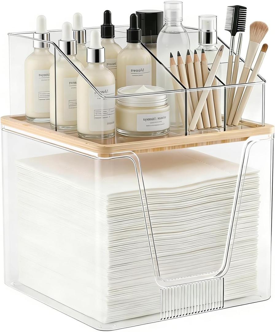 2 in 1 Disposable Facial Towel Holder and Cosmetic Organizer, Clear Storage with Bamboo Lid Compatible with Clean Skin Club Towel XL, Stackable Vanity Organizer for Bathroom Vanity Counter, 2 Tier