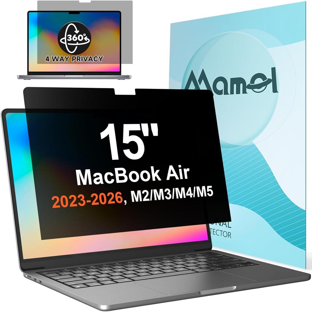 Mamol 360 Privacy Screen for Macbook Air 15 Inch (2023-2026, M2, M3, M4, M5), Anti Glare Blue Light Filter, Nano No Glue Anti Spy Black Protector for Mac Air 15.3In Laptop