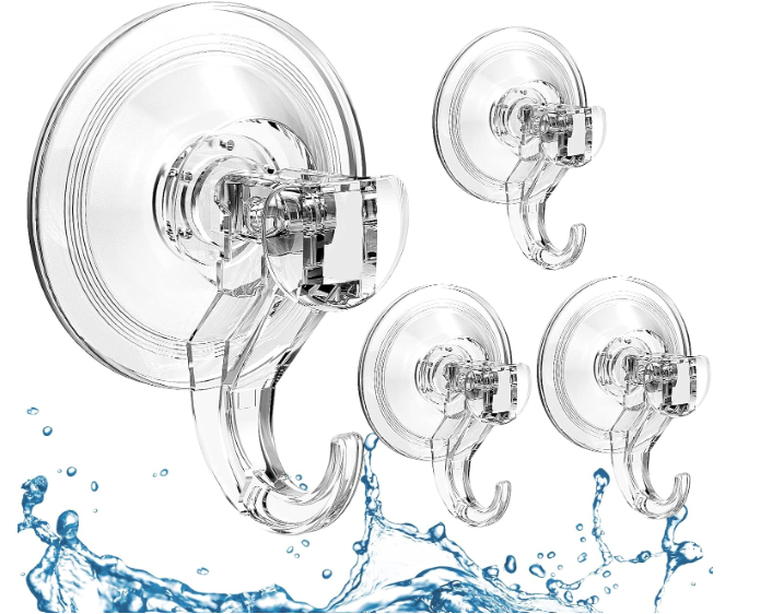 Quntis Suction Cup Hooks 4 Pack, MultiPurpose Clear Shower Suction Hooks Waterproof Heavy Duty Wreath Hanger for Bathroom, Window, Towel, Shower Wall, Tile, Glass Door, Camper