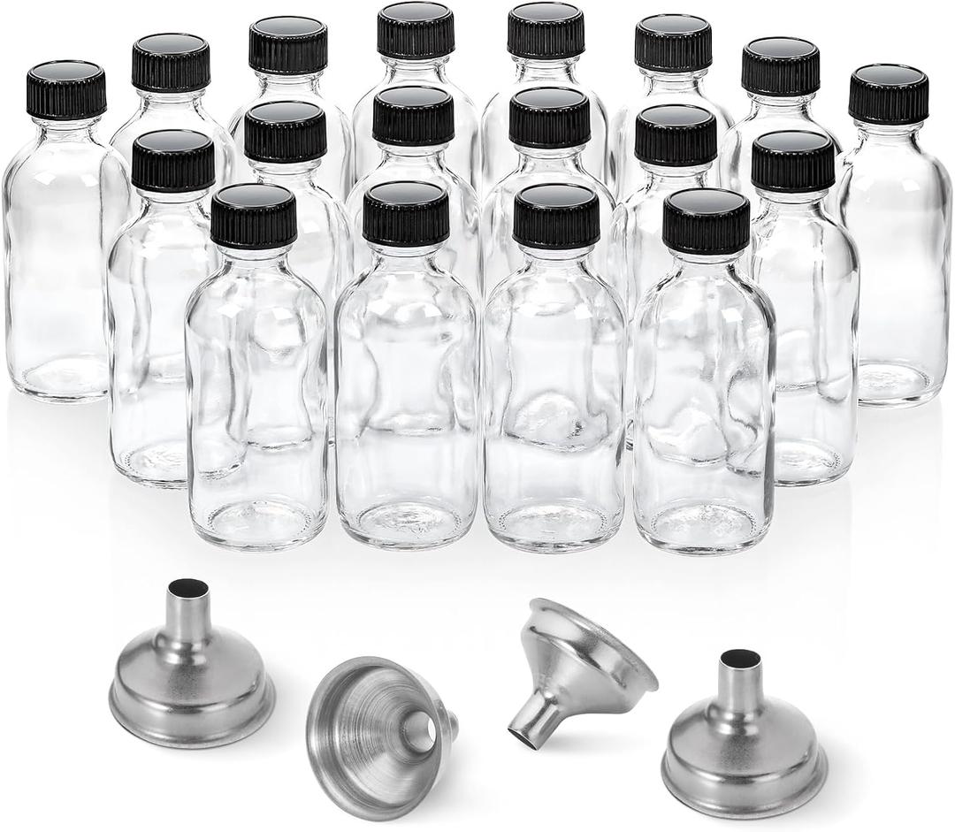 18 Pack, 2 oz Small Clear Glass Bottles w/ Lid & 4 Stainless Steel Funnels - 60ml Boston Sample Bottles - Mini Travel Essential or Decorative Bottles for Potion, Juice, Wellness, Ginger Shots, Whiskey