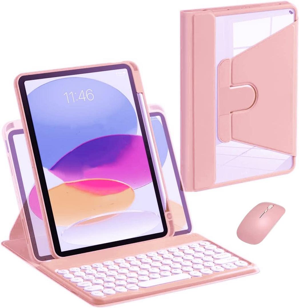 AnMengXinLing Keyboard Case for iPad Air 11 inch 2025(M3)/2024(M2)/ Air 5th 4th Generation/Pro 11 Case with Mouse, Rotating Cover with Pencil Holder& Round Key Keyboard Mouse Set,Pink