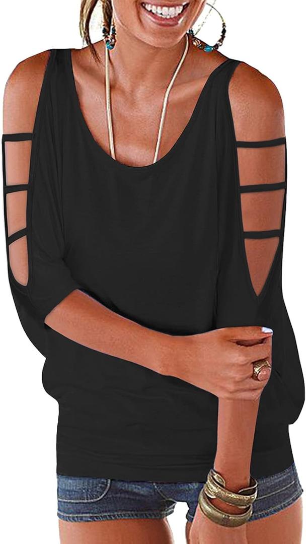 Womens Summer Cold Shoulder Tops 3/4 Sleeve T Shirts Pullover Casual Dolman Blouses (Small, Black)