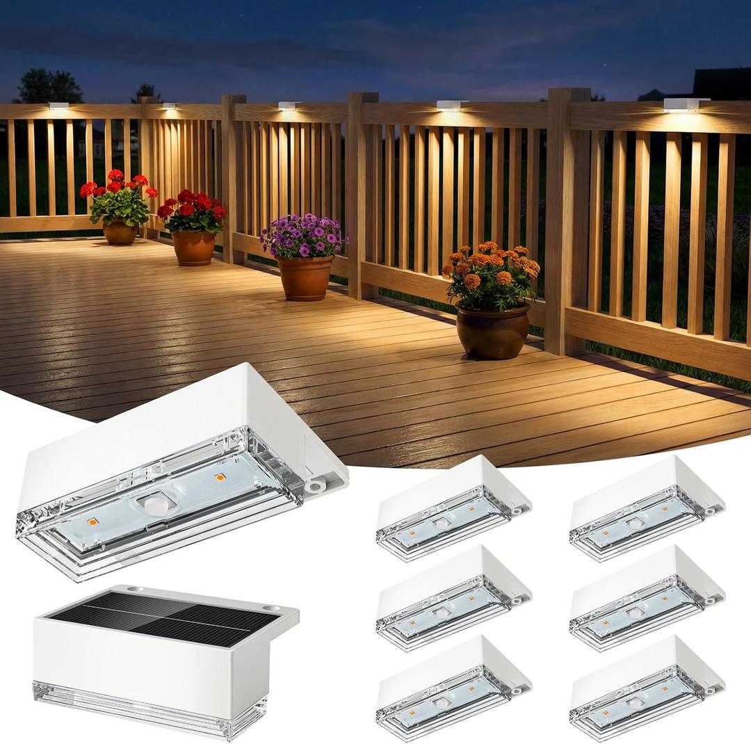 JOFIOS Solar Deck Lights 8 Pack, 3 Color Modes Soft Warm/Natural/Cool Glow, IP65 Waterproof Step Lights for Outdoor Ambiance, Solar Lights for Fence, Deck, Railing, Patio & Backyard Decor (White)