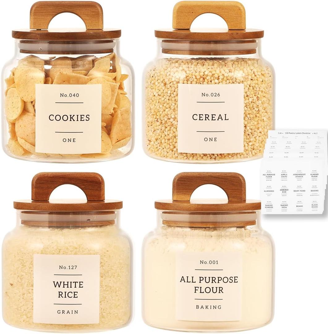 4 Pack Glass Pantry Storage Containers with 132 Pantry Labels - 37 FL OZ Kitchen Glass Canisters with Bamboo Airtight Lids - Farmhouse Glass Pantry Jars for Cookie, Rice, Pasta, Cereal, Bath Salt