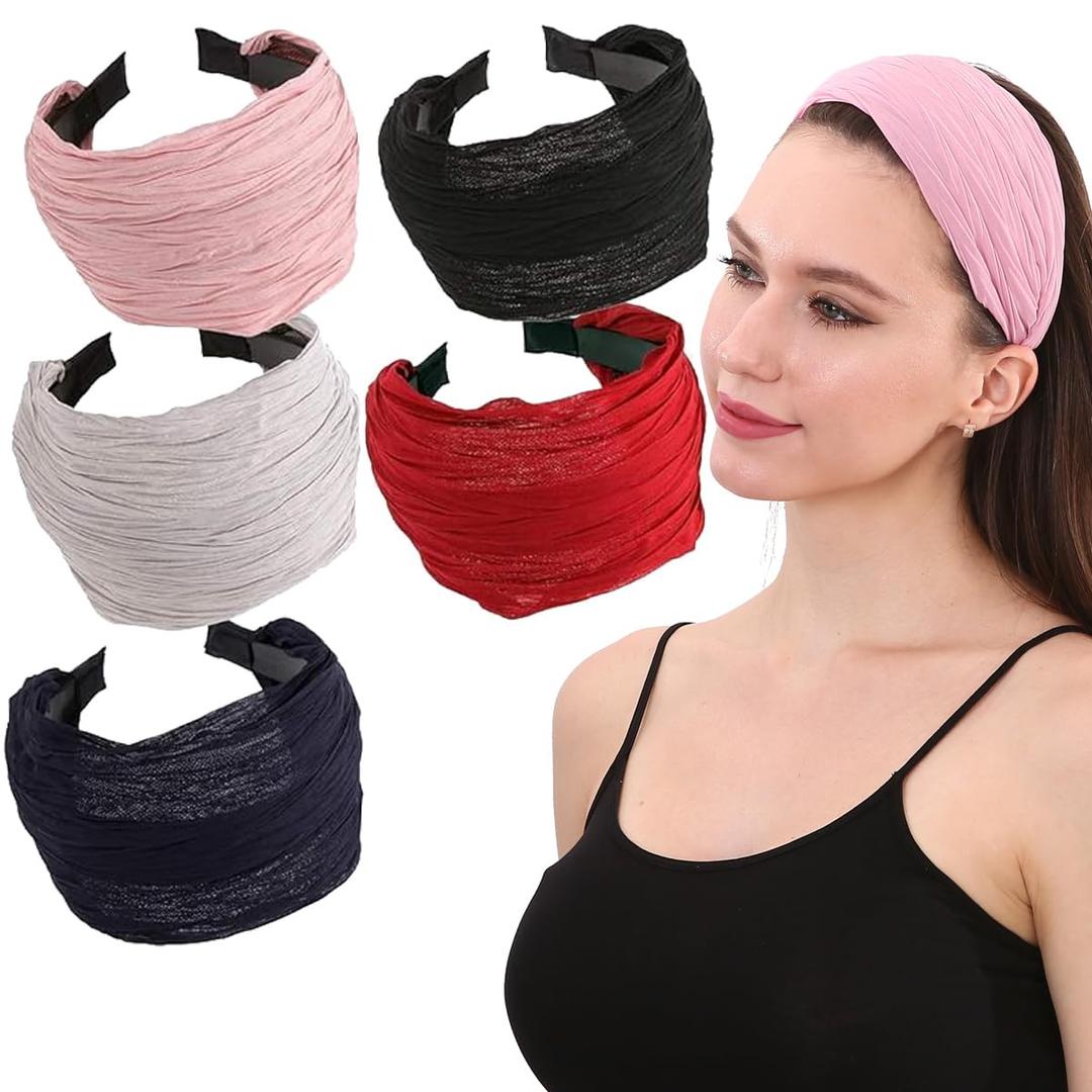 LONEEDY 5 Pack Wide Hard Headband with Teeth for Women, Girlss Hair Band Pleated Cloth Fabric Hair Hoop Accessories (Mixed colors A)