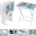 Sintuff Coastal Beach TV Trays Set of 4 with Stand Cape Craftsmen Mermaid Folding Wooden Decorative TV Tray Dinner Tables Farmhouse for Eating on Couch Snack Home Supplies