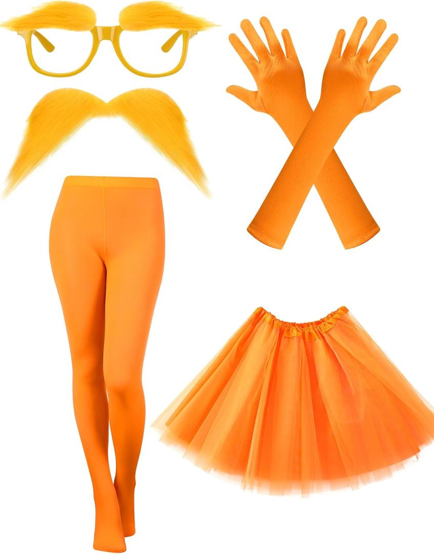 5 Pcs Orange Costume Accessories Yellow Eyebrows Glasses Fake Mustache Tulle Tutu Skirt Gloves Pantyhose Cosplay (Small)