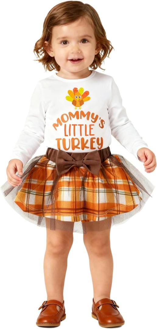 Toddler Baby Girls Thanksgiving Day Tulle Dress Mommys' Little Turkey Long Sleeve Party Skirt Set Outfit (White)