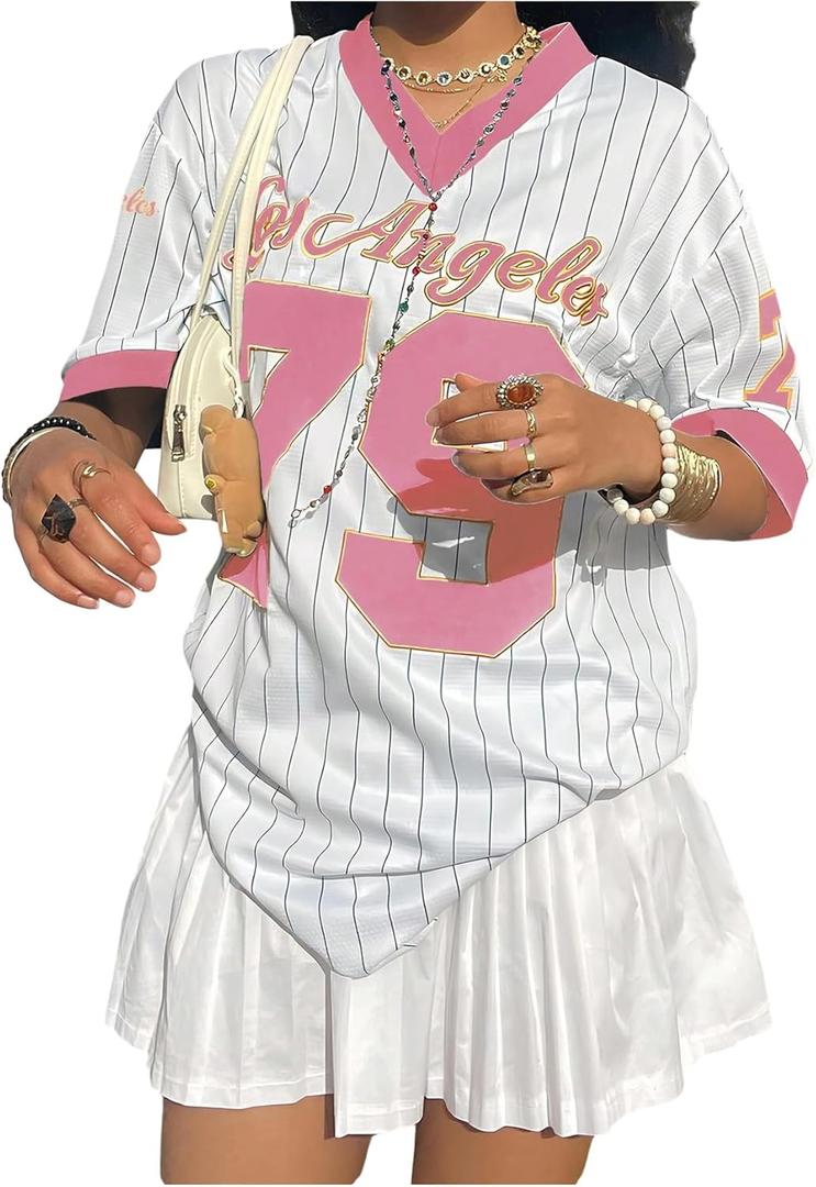 Verdusa Women's Jersey Shirts for Women Y2k Oversized Plus T Shirt Striped Number Graphic Tees Streetwear Tops (3X-Large Plus, Pink)