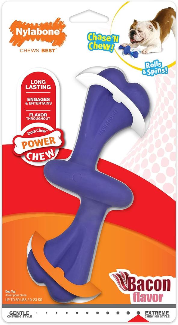 Nylabone Engaging Power Chase 'N Chew Toy for Dogs, Rolling & Spinning Interactive Dog Toys for Aggressive Chewers, Purple, Bacon Flavor, Large - Up to 50 lbs, 1 Count